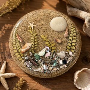 Vtg Beach Sand Resin Trivet Seashell & Abalone Mosaic Round 7.5” Coastal Decor